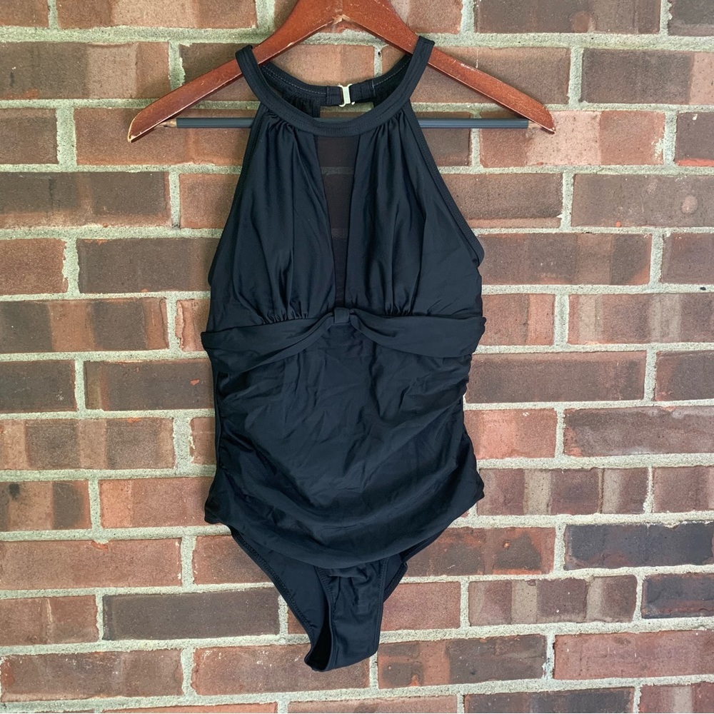 Tempt Me High Neck Ruched Monokini Black One Piece Swimsuit Size Small NEW